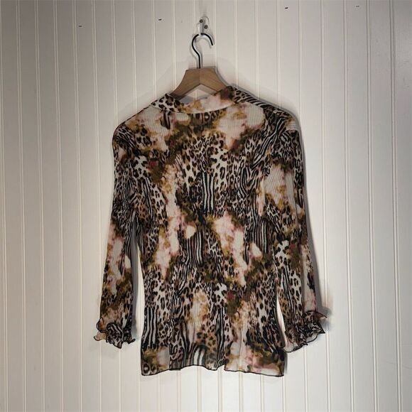 Sioni XL Sheer Ruffle Leopard Blouse Mesh Pleated Animal Print Y2K Top - Picture 2 of 6